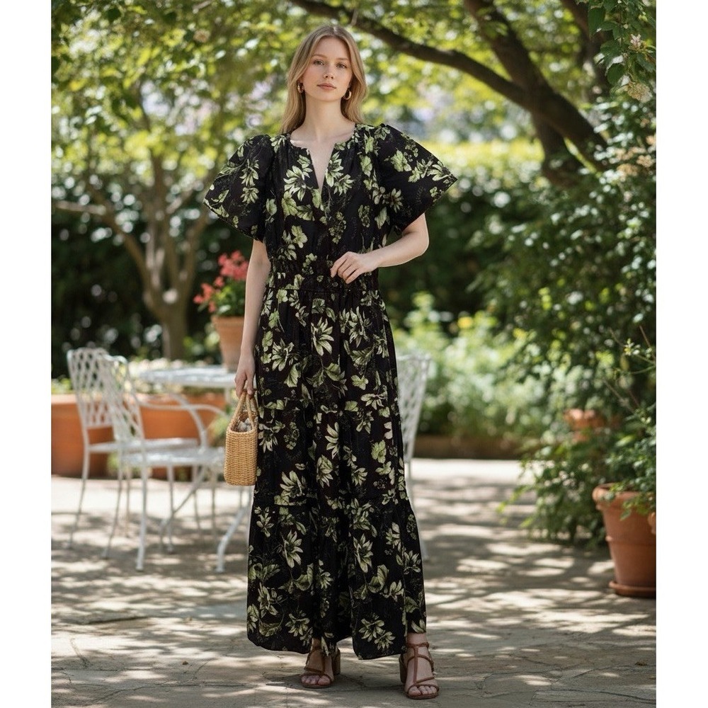 Anthropologie Somerset Size S Smocked Waist Tiered Maxi Dress Black Floral